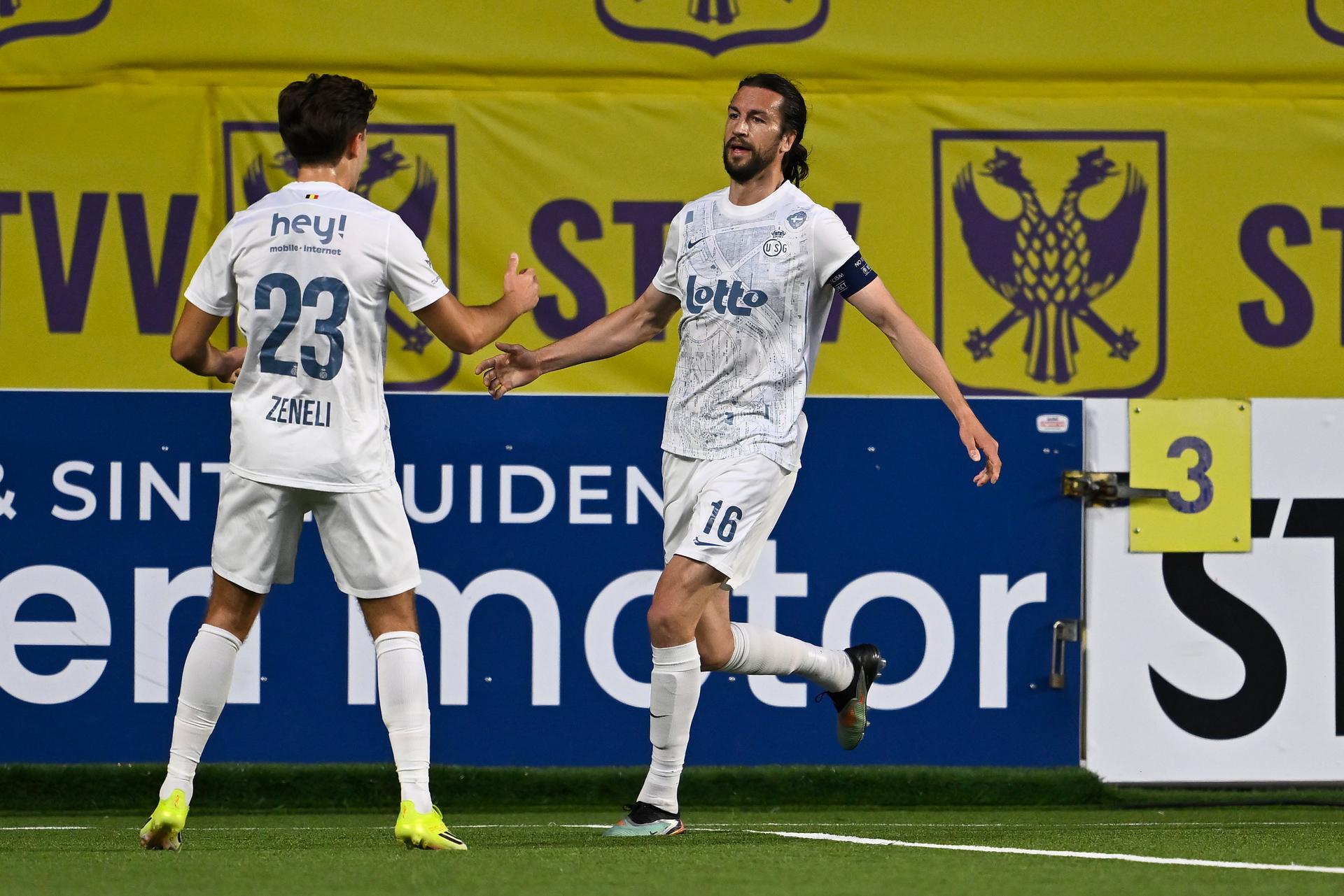 Union's Christian Burgess scores a goal during a soccer match between Sint-Truidense V.V. and Royale Union Saint-Gilloise, Sunday 22 March 2026 in Sint-Truiden, on day 30 of the 2025-2026 'Jupiler Pro League' first division of the Belgian championship. BELGA PHOTO JOHAN EYCKENS