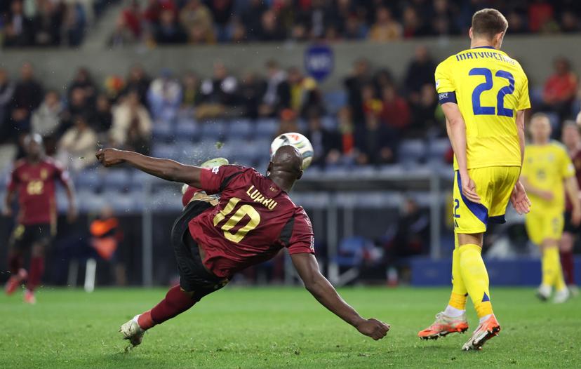 Belgium's Romelu Lukaku scoring the 2-0 goal during a soccer game between Belgian national team the Red Devils and Ukraine, Sunday 23 March 2025 in Genk, the return leg of the Nations League playoff. Ukraine won the first leg 3-1. BELGA PHOTO VIRGINIE LEFOUR