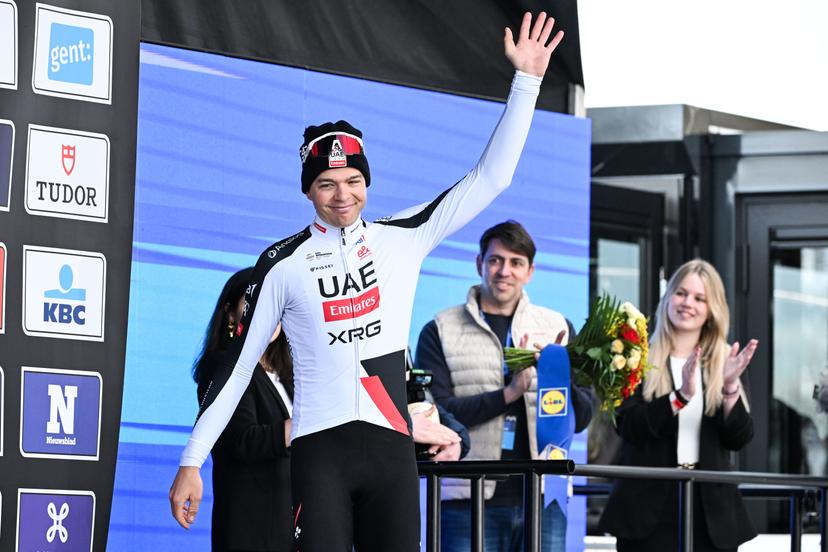 Belgium's Florian Vermeersch of UAE Team Emirates-XRG pictured on the podium after the 81st edition of the men's one-day cycling race Omloop Het Nieuwsblad (UCI World Tour), the opening race of the Flemish one-day classics season, 207,6 km from Gent to Ninove, Saturday 28 February 2026. BELGA PHOTO MAARTEN STRAETEMANS