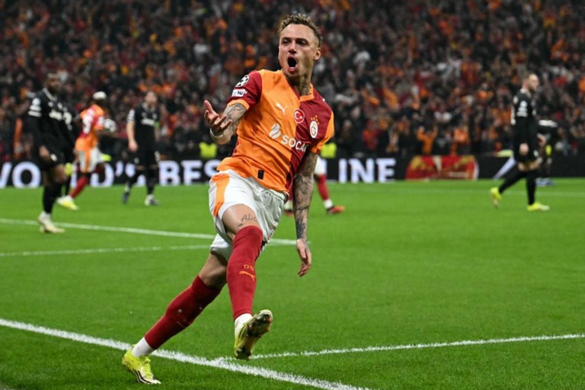 Galatasaray's Dutch forward #77 Noa Lang celebrates scoring his team's second goal during the UEFA Champions League, knockout round play-off 1st leg, football match between Galatasaray SK and Juventus FC at the Rams Park in Istanbul on February 17, 2026.  OZAN KOSE / AFP