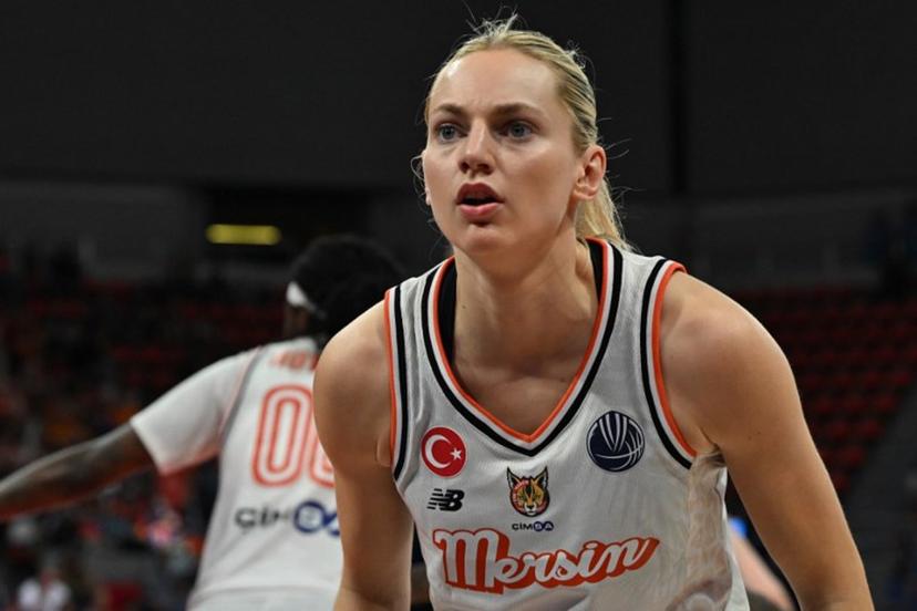 CBK Mersin's French guard #23 Marine Johannes looks on during the Euroleague Women's quarterfinal basketball match between CIMSA CBK Mersin and Tango Bourges Basket at Pabellon Principe Felipe arena in Zaragoza on April 9, 2025.  JAVIER SORIANO / AFP