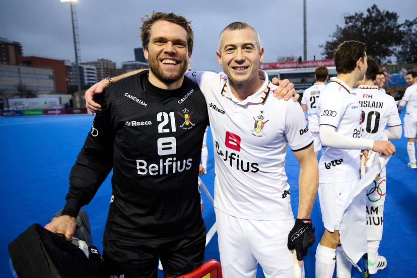 Belgium's goalkeeper Vincent Vanasch and Belgium's John-John Dohmen celebrate after a hockey game between Belgium's national team the Red Lions and South-Korea, in the semi-finals of the men's Olympic Qualification tournament, in Valencia, Spain, Friday 19 January 2024. The Red Lions won and are qualified for the 2024 Olympics. BELGA PHOTO DAVID RAMIREZ RODRIGUEZ