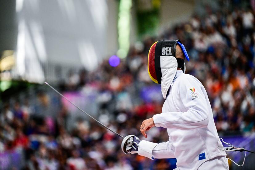 Belgian fencer Neisser Loyola pictured in action during a fencing bout against Swiss Bayard, in the table of 32 of the men's epee individual competition at the Paris 2024 Olympic Games, on Sunday 28 July 2024 in Paris, France. The Games of the XXXIII Olympiad are taking place in Paris from 26 July to 11 August. The Belgian delegation counts 165 athletes competing in 21 sports. BELGA PHOTO DIRK WAEM
