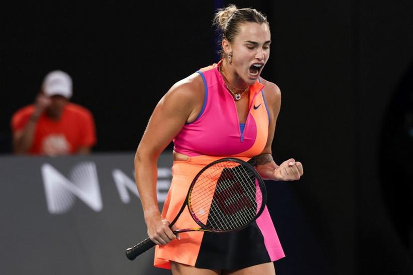 Belarus' Aryna Sabalenka celebrates after winning the first set against Ukraine's Elina Svitolina during their women's singles semi-final match on day twelve of the Australian Open tennis tournament in Melbourne on January 29, 2026.  IZHAR KHAN / AFP