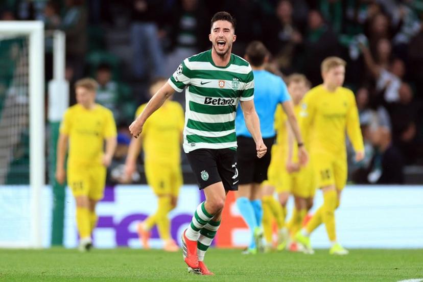 Sporting Lisbon's Portuguese defender #25 Goncalo Inacio celebrates scoring the opening goal during the UEFA Champions League last 16 second leg football match between Sporting CP and Bodoe/Glimt at Jose Alvalade stadium in Lisbon on March 17, 2026.  PATRICIA DE MELO MOREIRA / AFP