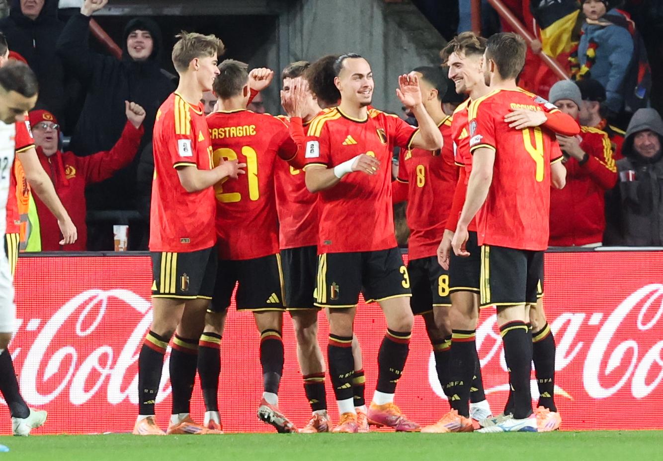 Belgium's Alexis Saelemaekers celebrates after scoring during a soccer game between Belgium's Red Devils and Liechtenstein, the last FIFA World Cup 2026 qualification match, in Liege on Tuesday 18 November 2025. BELGA PHOTO VIRGINIE LEFOUR