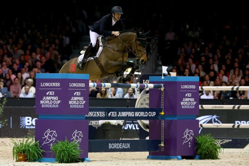 Belgian Pieter Devos riding Casual DV Z competes in the FEI World Cup Jumping event at the Parc des Expositions in Bordeaux, south-western France, on February 8, 2025.   ROMAIN PERROCHEAU / AFP