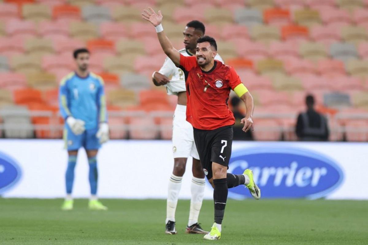 Egypt's forward #7 Mahmoud Trezeguet celebrates after scoring his team's second goal during the friendly football match between Saudi Arabia and Egypt at King Abdullah Sports City in Jeddah on March 27, 2026.  AFP