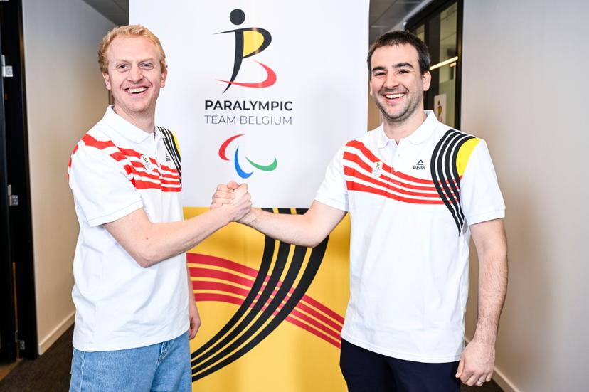 Belgian skier Maximilien Seeger and Belgian ski guide Jeremy Mestdagh pose for the photographer after a press conference of the Paralympic Team Belgium to present the athletes representing Belgium at the 2026 Paralympic Winter Games in Cortina d'Ampezzo and Milan (from March 6 to 15), on Tuesday 24 February 2026, in Brussels. BELGA PHOTO TOM GOYVAERTS
