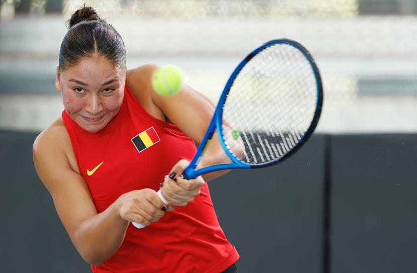 Belgian Sofia Costoulas pictured during the first game between Belgian Costoulas and Turkish Aksu in the Billie Jean King Cup Play-offs, between Belgium and Turkey, on Saturday 15 November 2025 in Ismaning, Germany. PHOTO BENOIT DOPPAGNE