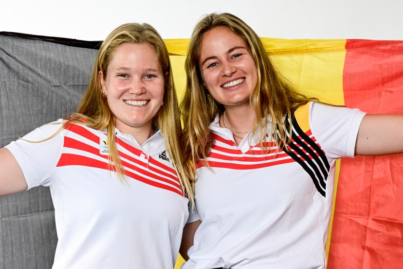 Belgian Anouk Geurts and Belgian Isaura Maenhaut van Lemberge pictured during a photoshoot for the Belgian Olympic Committee BOIC - COIB ahead of the Paris 2024 Olympic Games, in Brussels, Friday 28 June 2024. BELGA PHOTO DIRK WAEM