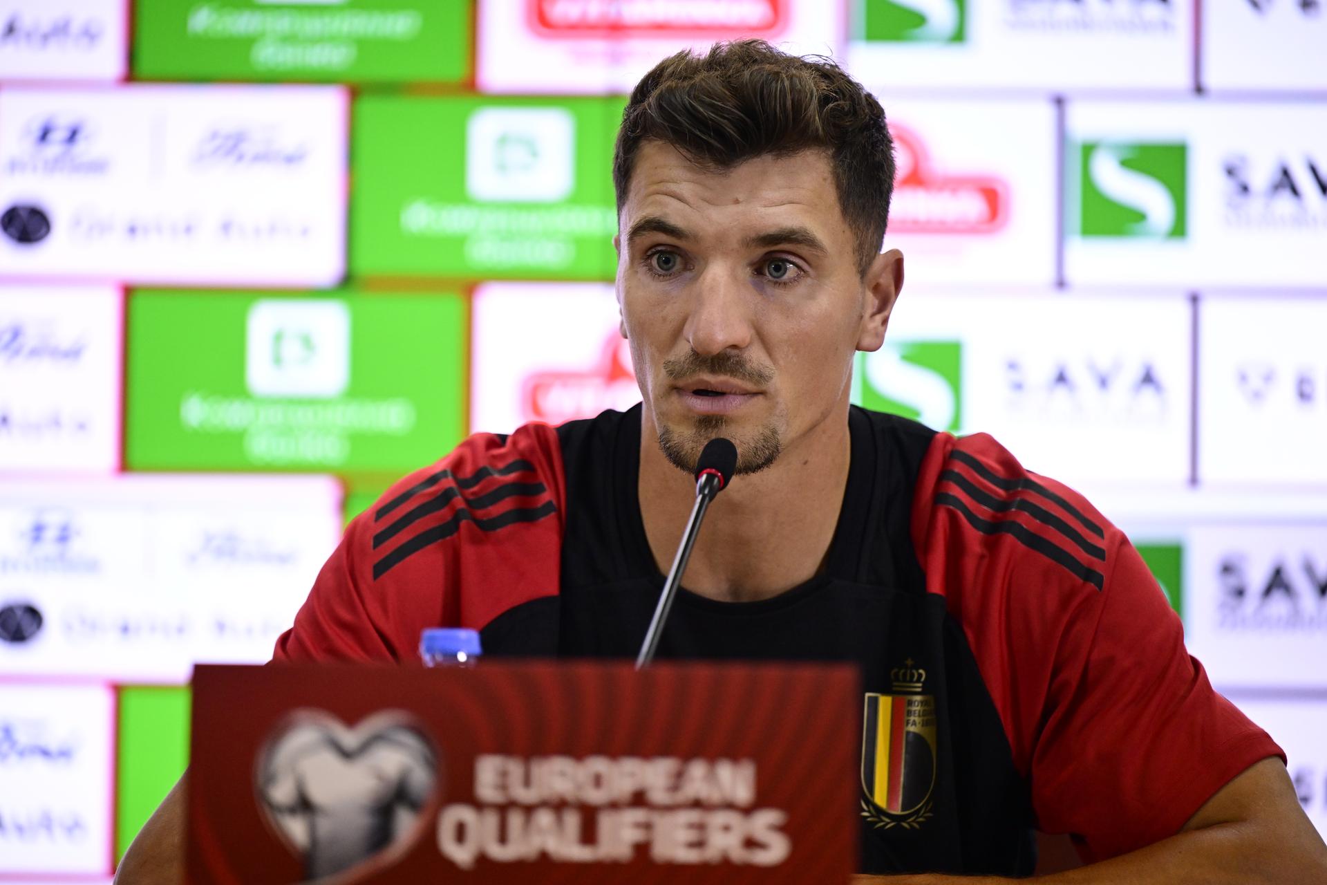 Belgium's Thomas Meunier pictured during a press conference of the Red Devils, the Belgian national soccer team, In Skopje, Northern Macedonia, Thursday 05 June 2025. The team is preparing for the World Cup 2026 qualifiers against North Macedonia (06/06). BELGA PHOTO DIRK WAEM