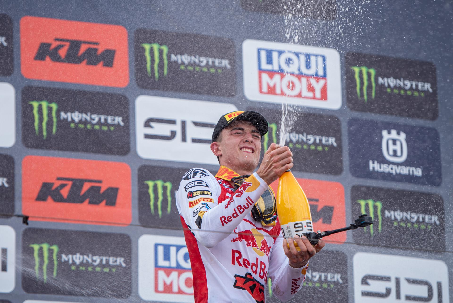 Belgium's Lucas Coenen celebrates on the podium after winning the motocross MXGP Grand Prix Flanders, race 15/20 of the FIM Motocross World Championship, Sunday 03 August 2025 in Lommel. BELGA PHOTO JONAS ROOSENS