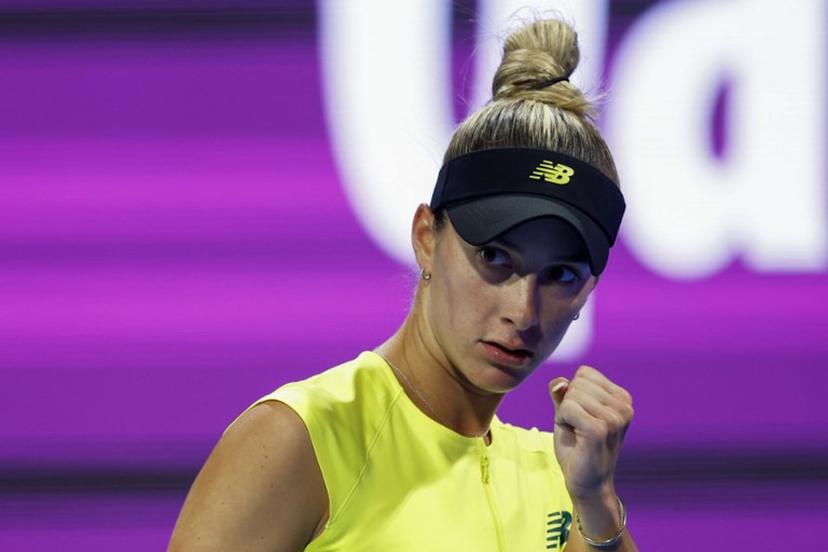 McCartney Kessler of the USA reacts after a point against Ons Jabeur of Tunisia during their 2025 WTA Qatar Open match at the Khalifa International Tennis Complex in Doha on February 10, 2025.  KARIM JAAFAR / AFP