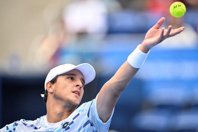 Italy's Luciano Darderi serves to Argentina's Mariano Navone during their men's singles match at the Japan Open tennis tournament at Ariake Coliseum in Tokyo on September 25, 2024.  Yuichi YAMAZAKI / AFP