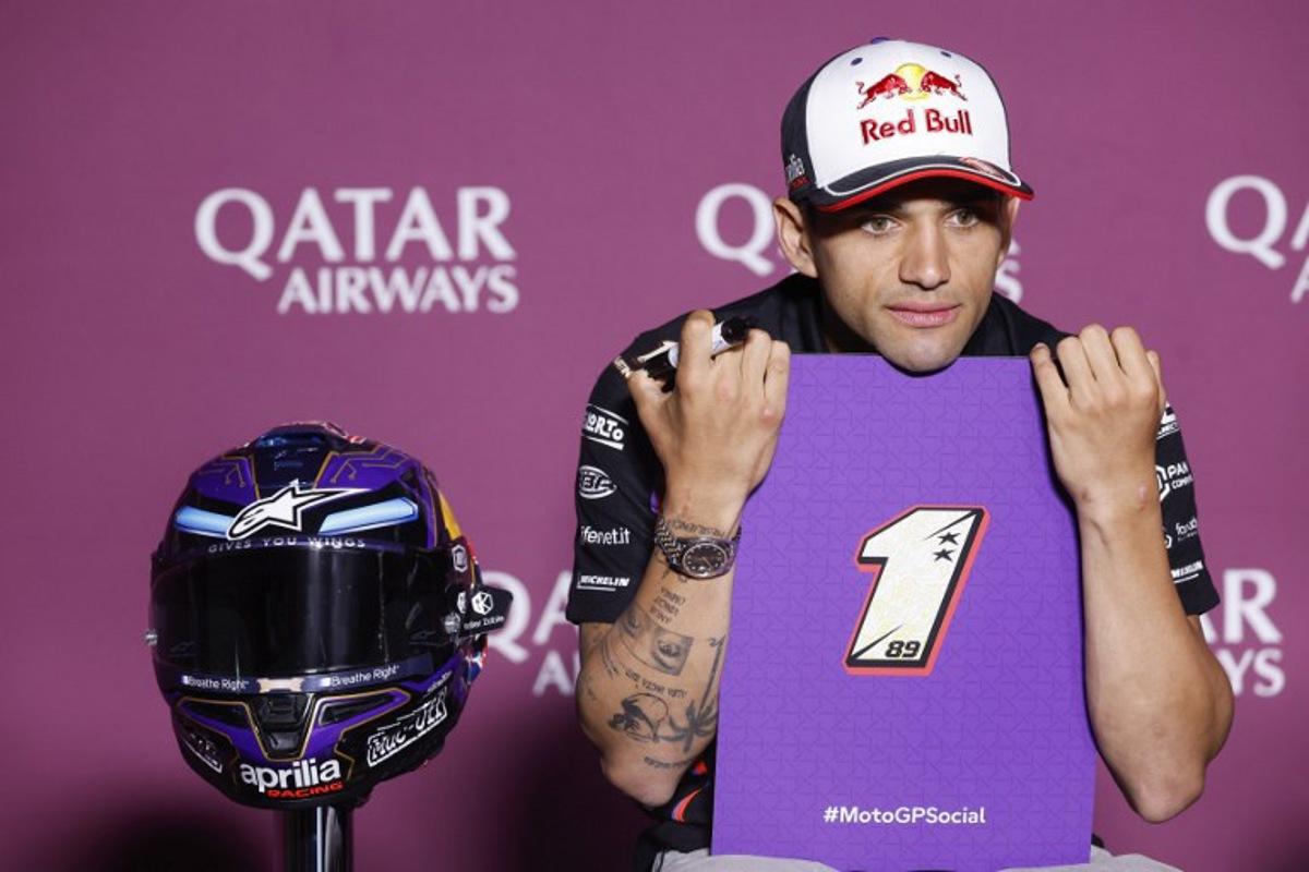 Prima Pramac Racing's Jorge Martin of Spain attends the press conference pre-event ahead of the Qatar MotoGP Grand Prix at the Lusail International Circuit in Lusail, north of Doha, on April 10, 2025.  Karim JAAFAR / AFP