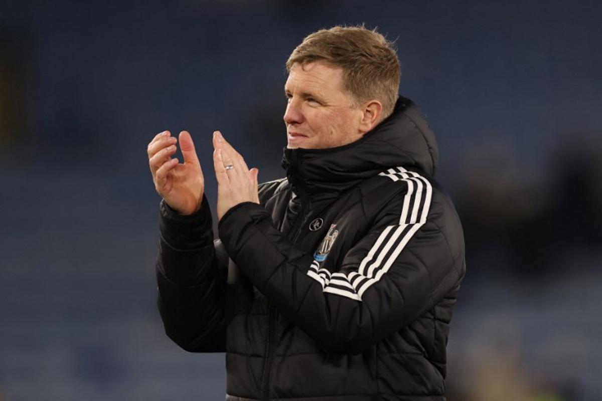 Newcastle United's English head coach Eddie Howe applauds fans on the pitch after the English Premier League football match between Leicester City and Newcastle United at King Power Stadium in Leicester, central England on April 7, 2025. Newcastle won the game 3-0. Darren Staples / AFP