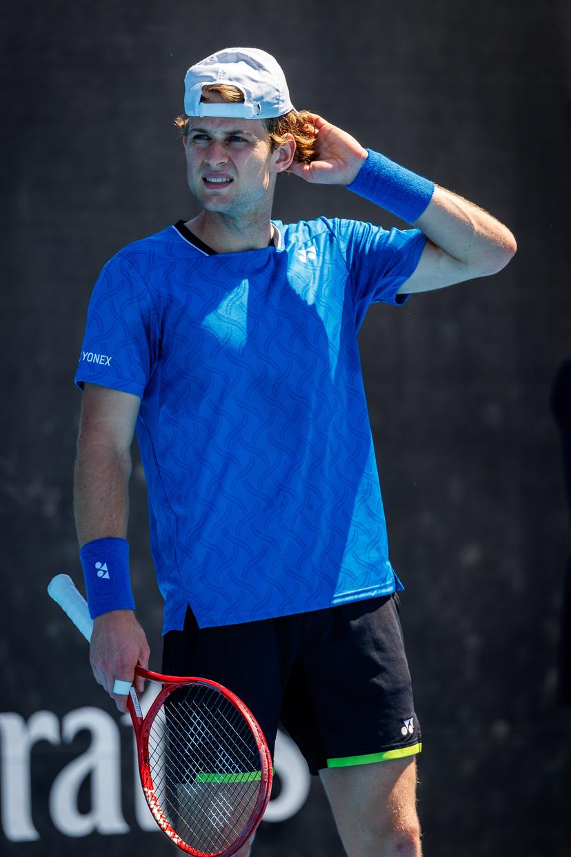Belgian Zizou Bergs pictured during a first round match of Belgium's Bergs/Collignon against Australia's pair McCabe/Tu in the men doubles at the Australian Open, Melbourne Park, Melbourne on Wednesday 21 January 2026. McCabe/Tu won the game. BELGA PHOTO PATRICK HAMILTON  --- BENELUX ONLY   ---