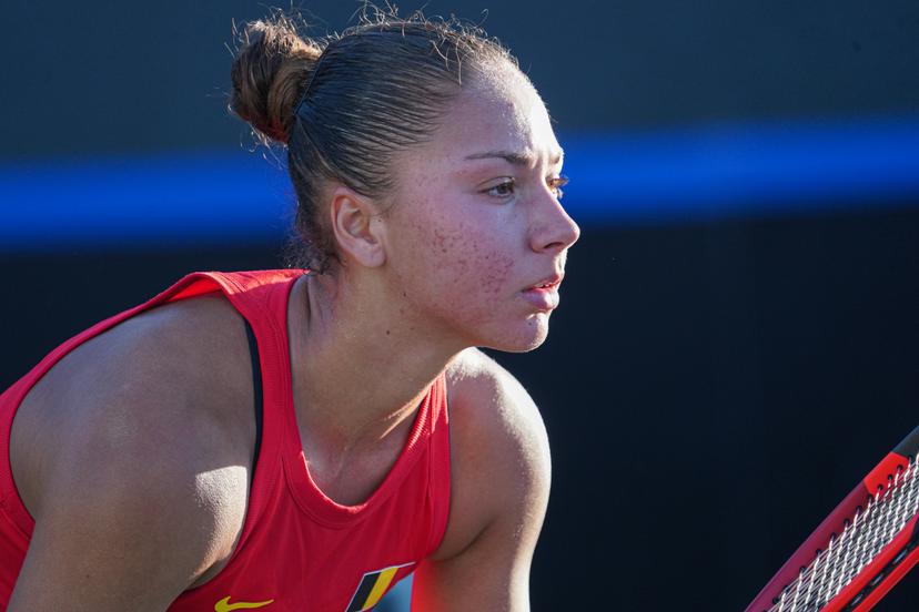 Belgian Sofia Costoulas pictured in action during the first match between US Pegula (WTA 5) and Belgian Costoulas (WTA 279) on the first day of the meeting between USA and Belgium, in the qualification round in the world group for the final of the Billie Jean King Cup tennis, in Orlando, Florida, USA, on Friday 12 April 2024. BELGA PHOTO MARTY JEAN LOUIS