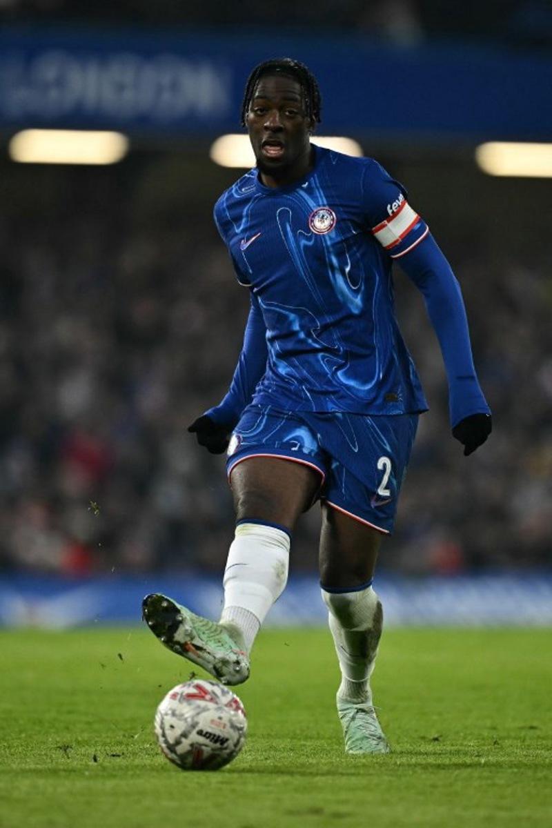 Chelsea's French defender #02 Axel Disasi passes the ball during the English FA Cup third round football match between Chelsea and Morecambe at Stamford Bridge in London on January 11, 2025.  Ben STANSALL / AFP