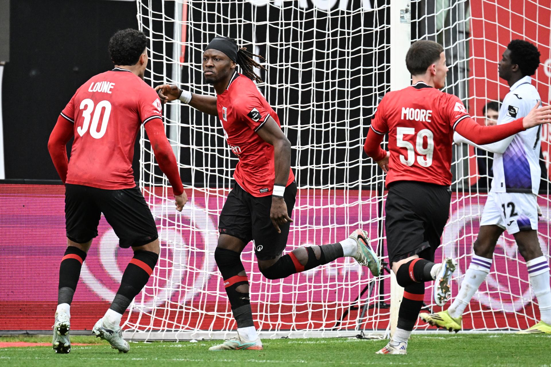 Rwdm's Usman Simbakoli celebrates after scoring the 2-1 goal during a soccer game between RWDM Brussels and Rsca Futures, Saturday 11 April 2026 in Brussels, on day 33 of the 2025-2026 'Challenger Pro League' 1B second division of the Belgian championship. BELGA PHOTO MAARTEN STRAETEMANS