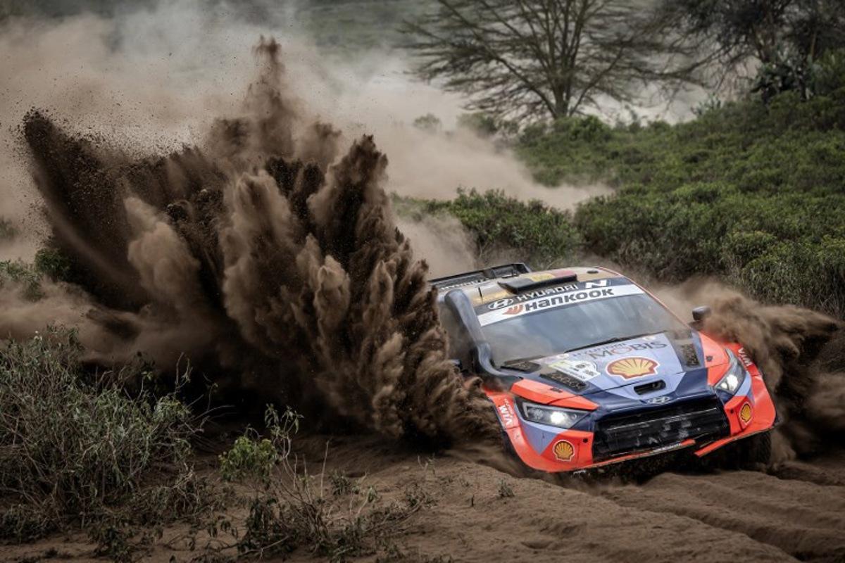 Hyundai Shell Mobis World Rally Team's Belgian driver Thierry Neuville steers his Hyundai i20 N Rally1 with Belgian co-driver Martijn Wydaeghe during the World Rally Championship (WRC) Safari Rally Kenya Special Stage 7 (SS7) in Gilgil on March 21, 2025.  Luis TATO / AFP