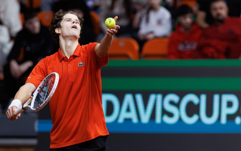 Belgian Alexander Blockx pictured in action during a tennis match against Bulgarian Radulov, during the qualifier of the Davis Cup on Saturday 07 February 2026, in Plovdiv, Bulgaria. Belgium will compete this weekend in the Davis Cup qualifiers against Bulgaria. BELGA PHOTO BENOIT DOPPAGNE