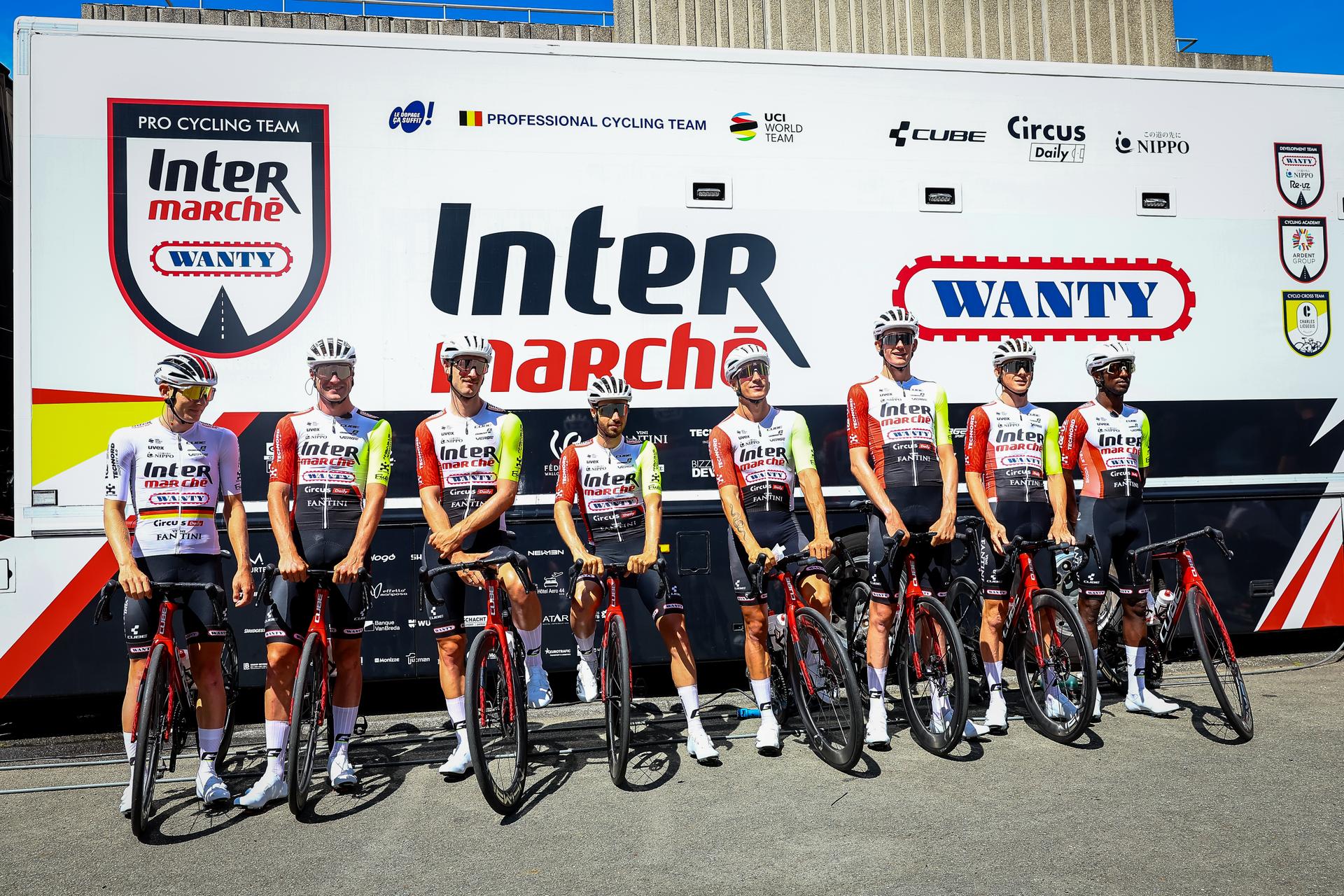 Intermarche-Wanty riders pictured in action during a training session ahead of the 2025 Tour de France cycling race, in Lille, France, on Friday 04 July 2025. The 112th edition of the Tour de France starts on Saturday 5 July in Lille, France, and will finish in Paris, France on the 27th of July. BELGA PHOTO DAVID PINTENS