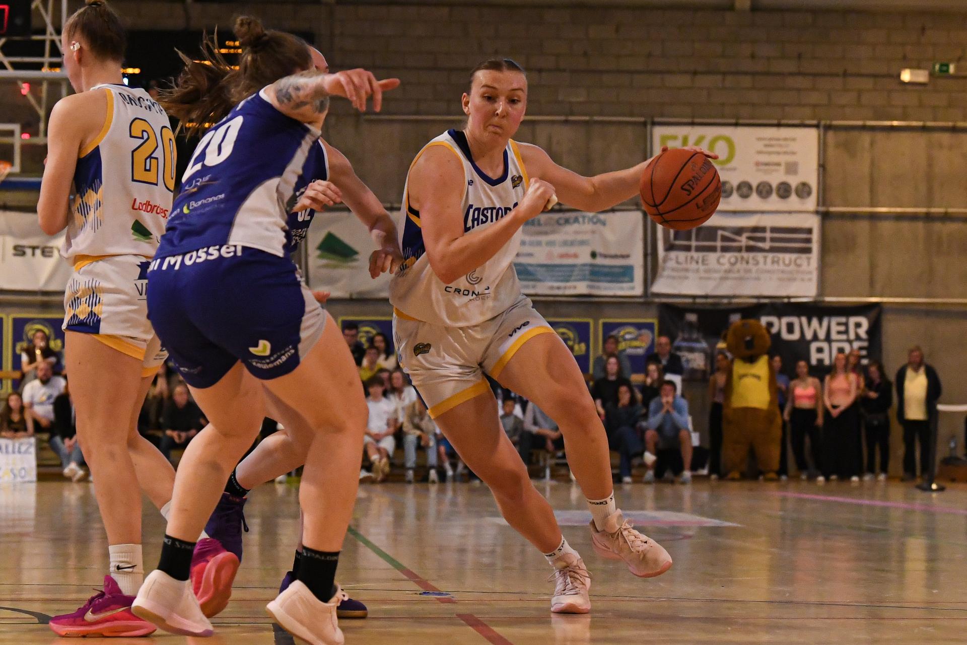 Castors' Marie Vervaet pictured in action during a basketball match between Royal Castors Braine and Kangoeroes Mechelen, Tuesday 22 April 2025, in Braine-l'Alleud, a 3rd leg best-of-3 game in the play-offs finals of the Women's Top Division Belgian basketball competition. BELGA PHOTO JILL DELSAUX