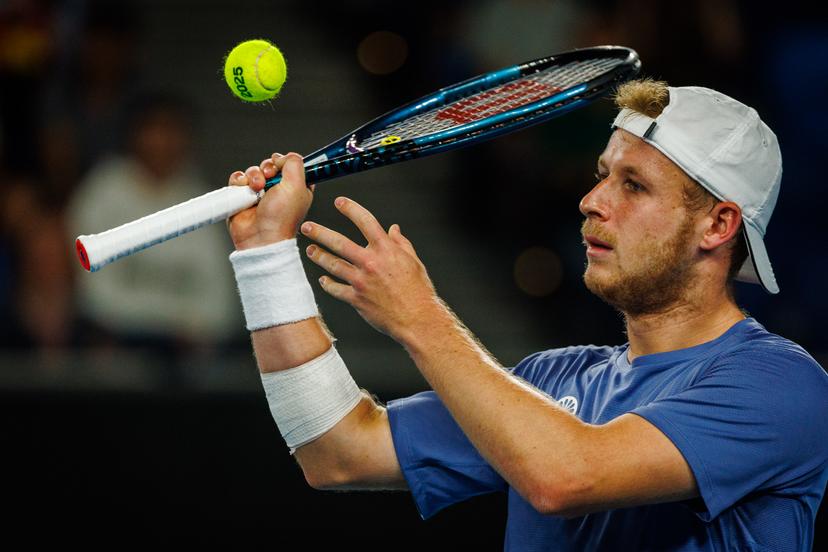 Belgian Gauthier Onclin pictured in action during a men's singles first round game between Belgian Onclin and American Opelka, at the 'Australian Open' Grand Slam tennis tournament, Sunday 12 January 2025 in Melbourne Park, Melbourne, Australia. The 2025 edition of the Australian Grand Slam takes place from January 12th to January 26th. BELGA PHOTO PATRICK HAMILTON