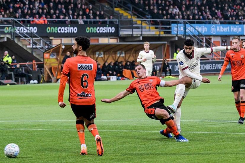 Ismael Saibari of Eindhoven shoots to score the 1-1 during the Dutch Eredivisie match between FC Volendam and PSV Eindhoven at the Kras stadium in Volendam, Netherlands on February 11, 2024.   Gerrit van Keulen / ANP / AFP
