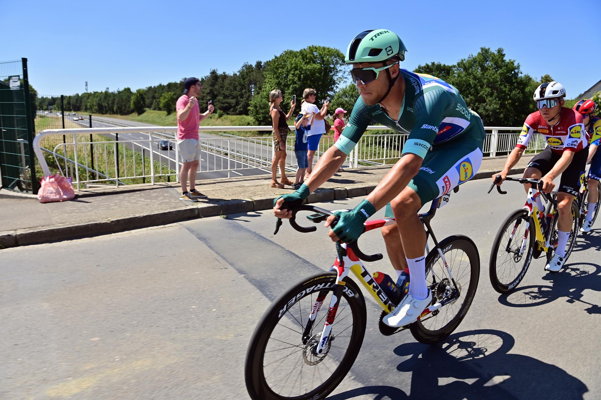 Italian Jonathan Milan of Lidl-Trek pictured in action during stage eight of the 2025 Tour de France cycling, from Saint-Meen-le-Grand to Laval Espace Mayenne (174 km), on Saturday 12 July 2025 in France. The 112th edition of the Tour de France starts on Saturday 5 July in Lille, France, and will finish in Paris, France on the 27th of July. BELGA PHOTO POOL  POOL PETE GODING