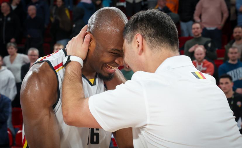 Belgium's Kevin Tumba and Belgium's head coach Dario Gjergja celebrate after winning a basketball match between Belgium's national team Belgian Lions and Slovakia, Thursday 20 February 2025 in Charleroi, game 5/6 in the group stage of the qualifications for the Eurobasket 2025 European championships. BELGA PHOTO VIRGINIE LEFOUR