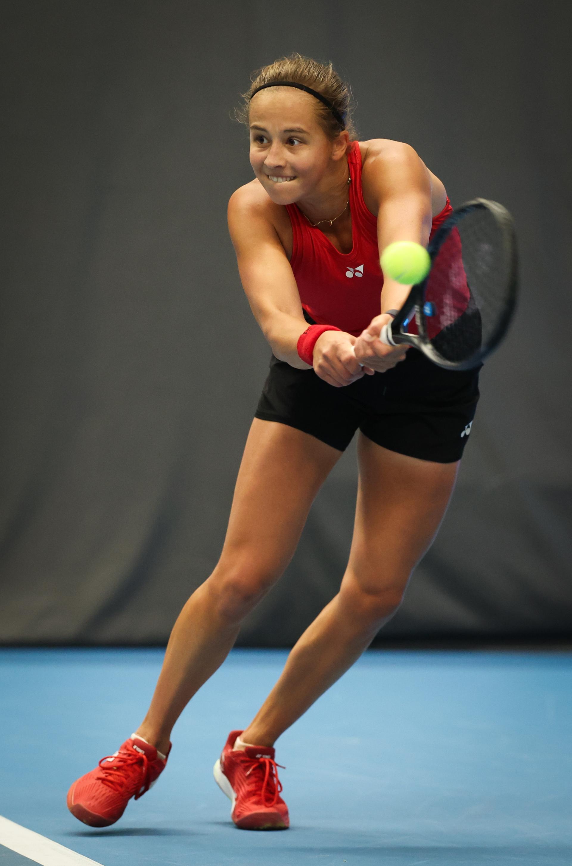 Belgian Hanne Vandewinkel pictured in action during a tennis match against Greek Grammatikopoulou, in the qualifiers of the Billie Jean King Cup tennis, in Vilnius, Lithuania on Tuesday 08 April 2025. PHOTO VIRGINIE LEFOUR