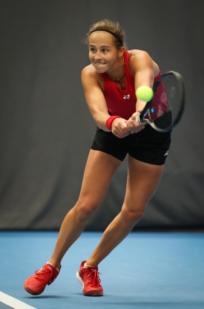 Belgian Hanne Vandewinkel pictured in action during a tennis match against Greek Grammatikopoulou, in the qualifiers of the Billie Jean King Cup tennis, in Vilnius, Lithuania on Tuesday 08 April 2025. PHOTO VIRGINIE LEFOUR
