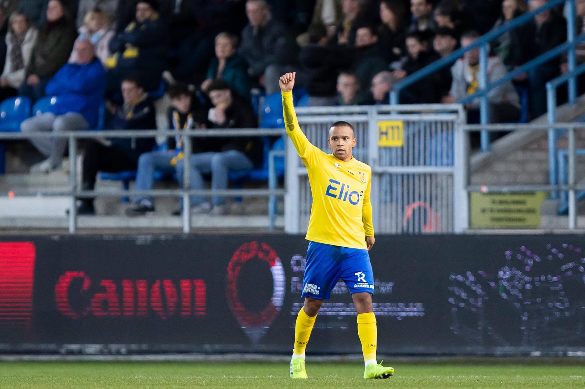 Beveren's Kurt Abrahams celebrates after scoring during a soccer game between SK Beveren and Lommel SK, Sunday 08 February 2026 in Beveren, on day 24 of the 2025-2026 'Challenger Pro League' 1B second division of the Belgian championship. BELGA PHOTO KRISTOF VAN ACCOM