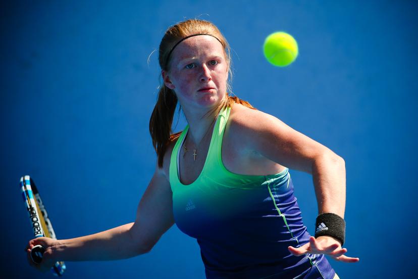 20160123 - MELBOURNE, AUSTRALIA: Belgian Lara Salden plays her first round game of Junior Girls Singles against Japanse  Mai Hontama at the 'Australian Open' tennis Grand Slam, Saturday 23 January 2016 in Melbourne Park, Melbourne, Australia. The first grand slam of the season takes place from 18 to 31 January. BELGA PHOTO PATRICK HAMILTON