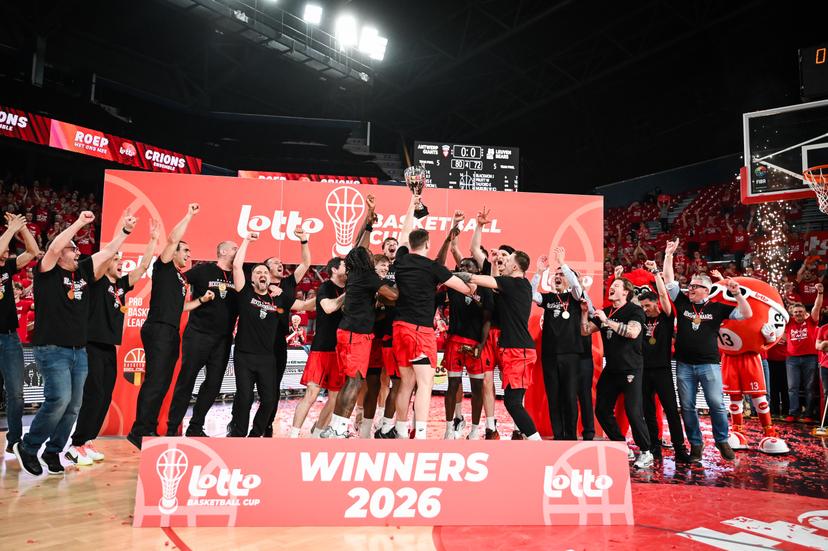 Antwerp's players celebrate after winning a basketball match between Antwerp Giants and Leuven Bears, Sunday 22 March 2026 in Charleroi, the final of the men's Belgian 2026 Basketball Cup. BELGA PHOTO ELIAS ROM