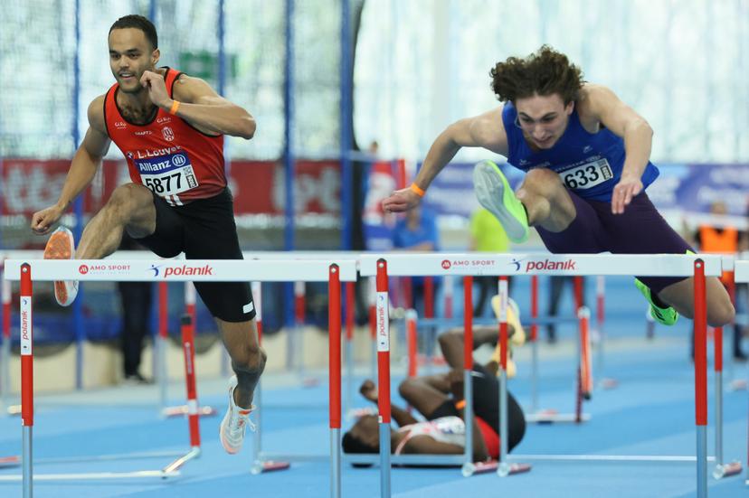 Belgian Elie Bacari (back falling), Belgian Michael Obasuyi and Belgian Zeno Van Neygen pictured in action during the men's 60m hurdles, at the Belgian indoor athletics championships, on Sunday 01 March 2026 in Louvain-la-Neuve. BELGA PHOTO BENOIT DOPPAGNE