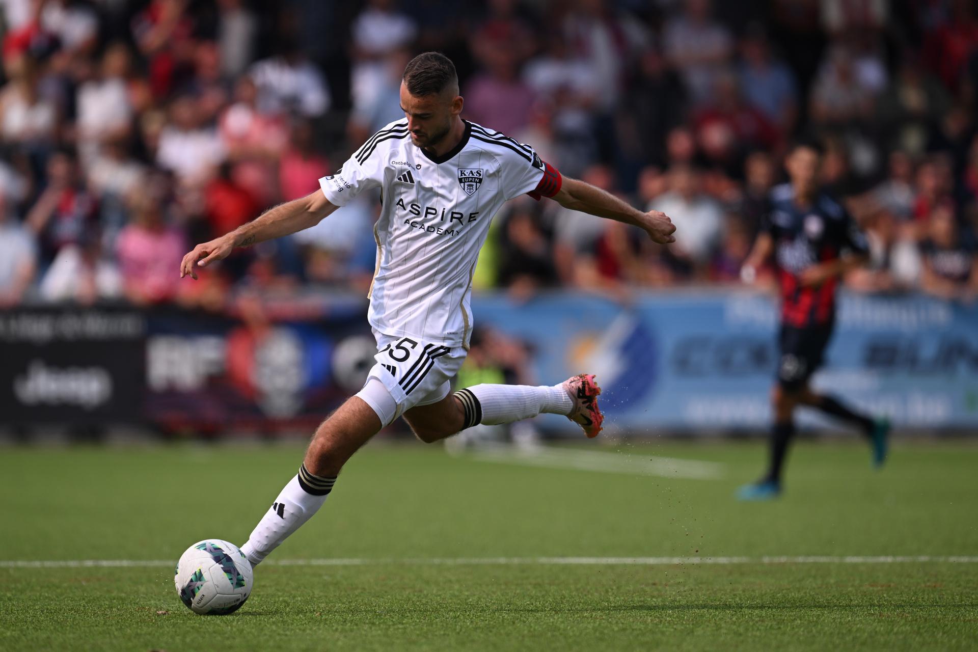 Eupen's Boris Lambert pictured in action during a soccer match between RFC Liege and KAS Eupen, in Liege, on the first day of the 2023-2024 'Challenger Pro League' 1B second division of the Belgian championship, Sunday 18 August 2024. BELGA PHOTO JOHN THYS