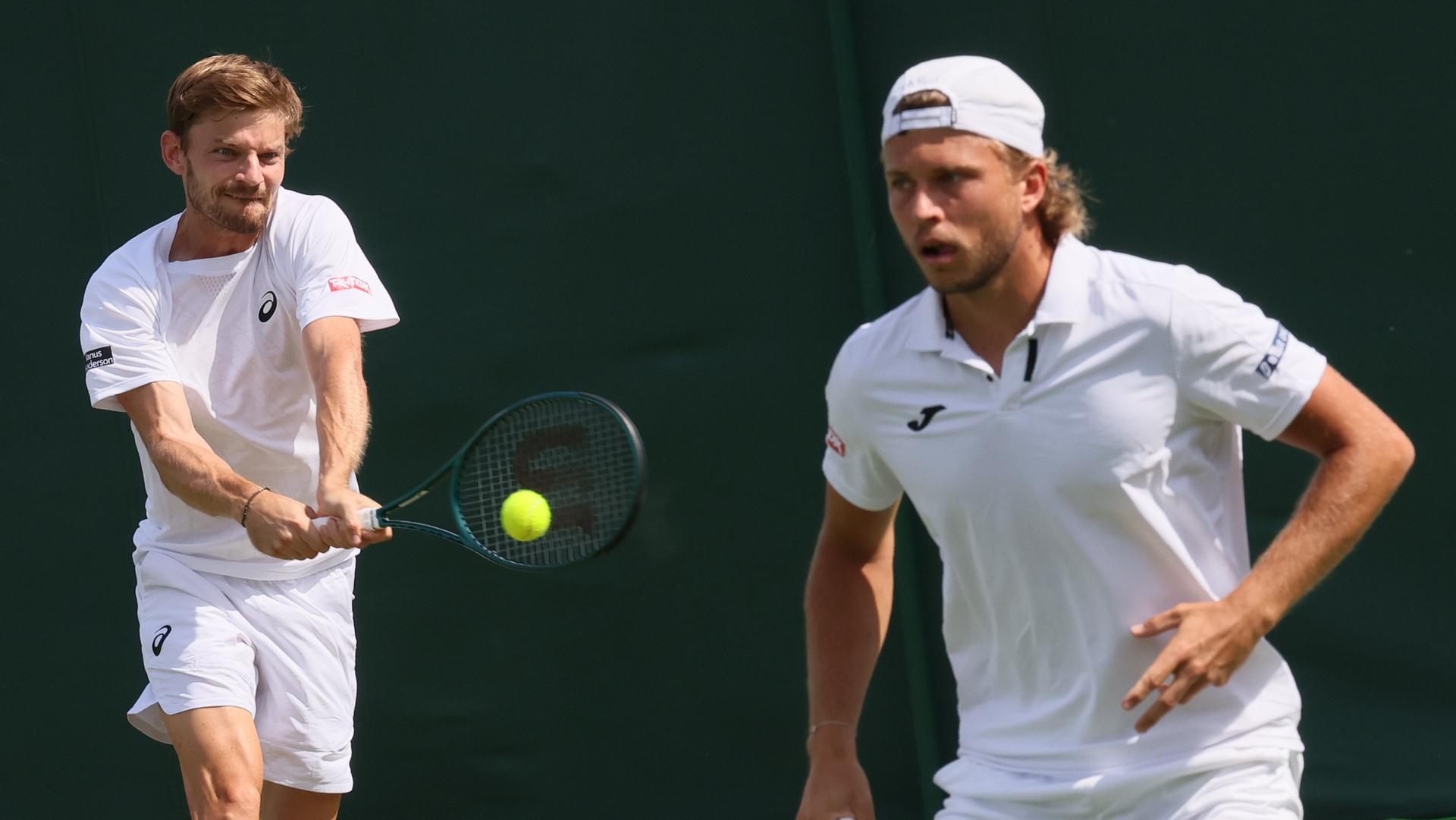 Belgian David Goffin (L) and Luxembourgish Gilles Muller pictured in action during a doubles tennis match with Belgian-German pair Goffin - Muller against Colombian-Indian pair Barrientos - Bollipalli, in the first round of the men's doubles at the 2025 Wimbledon grand slam tournament, Wednesday 02 July 2025 at the All England Tennis Club, in South-West London, Britain. BELGA PHOTO BENOIT DOPPAGNE
