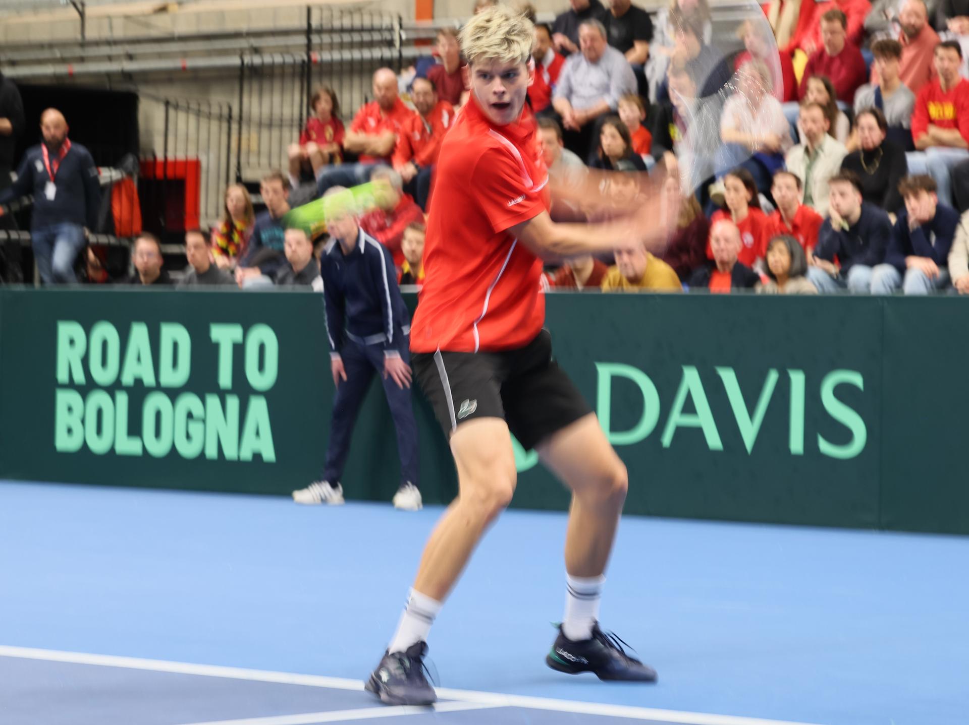 Belgian Alexander Blockx pictured during a game between Belgian Blockx and Chilean Garin, the second match in the Davis Cup qualifiers World Group tennis meeting between Belgium and Chile, Saturday 01 February 2025, in Hasselt. BELGA PHOTO BENOIT DOPPAGNE