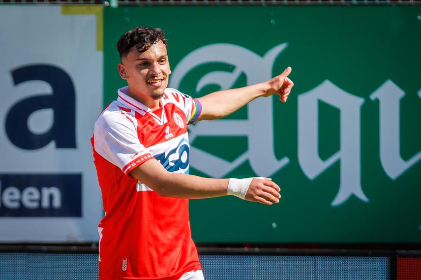 Kortrijk's Nayel Mehssatou celebrates after scoring during a soccer match between KV Kortrijk and Sint-Truidense VV, Saturday 10 May 2025 in Kortrijk, on day 6 (out of 6) of the Relegation Play-offs of the 2024-2025 'Jupiler Pro League' first division of the Belgian championship. BELGA PHOTO KURT DESPLENTER