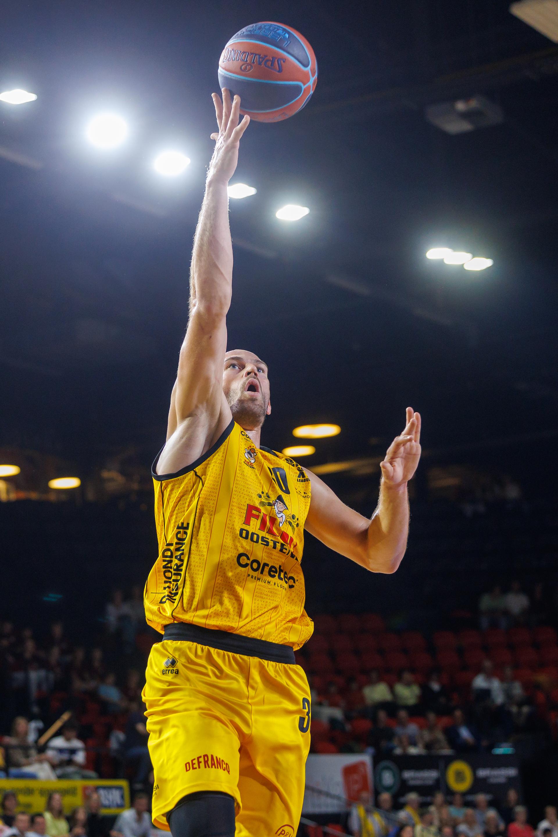 Oostende's Pierre-Antoine Gillet pictured in action during a basketball match between Belgian BC Oostende and Dutch Heroes Den Bosch, Saturday 20 September 2025 in Oostende, the supercup of the 'BNXT League' Belgian/Dutch first division basket championship between the champion of Belgium and the Netherlands. BELGA PHOTO KURT DESPLENTER
