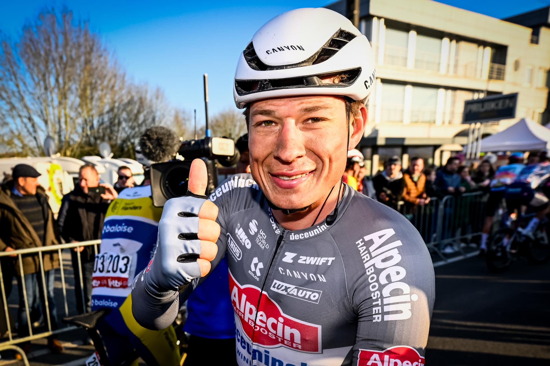 Belgian Jasper Philipsen of Alpecin-Deceuninck celebrates after winning the Kuurne-Brussels-Kuurne one day cycling race, 196,9 km from Kuurne to Kuurne via Brussels, Sunday 02 March 2025. BELGA PHOTO DIRK WAEM