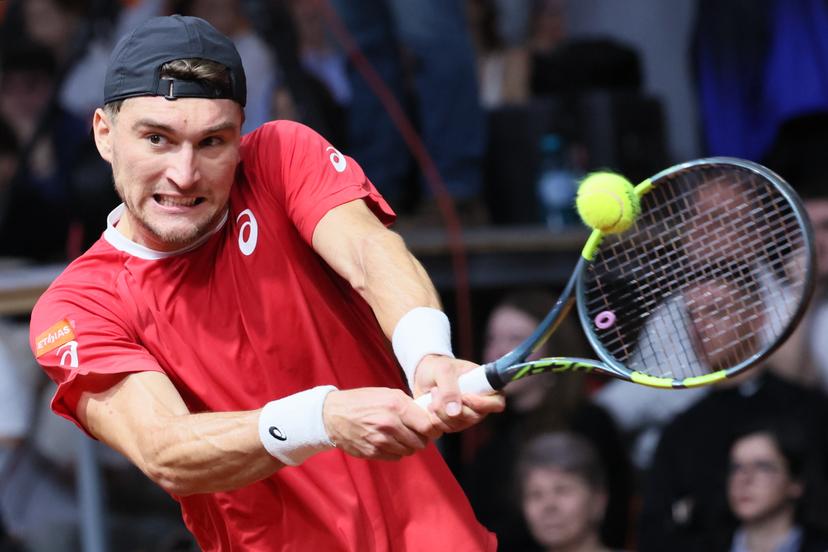 Belgian Raphael Collignon pictured in action during a tennis match against Bulgarian Vasilev, during the qualifier of the Davis Cup on Saturday 07 February 2026, in Plovdiv, Bulgaria. Belgium will compete this weekend in the Davis Cup qualifiers against Bulgaria. BELGA PHOTO BENOIT DOPPAGNE