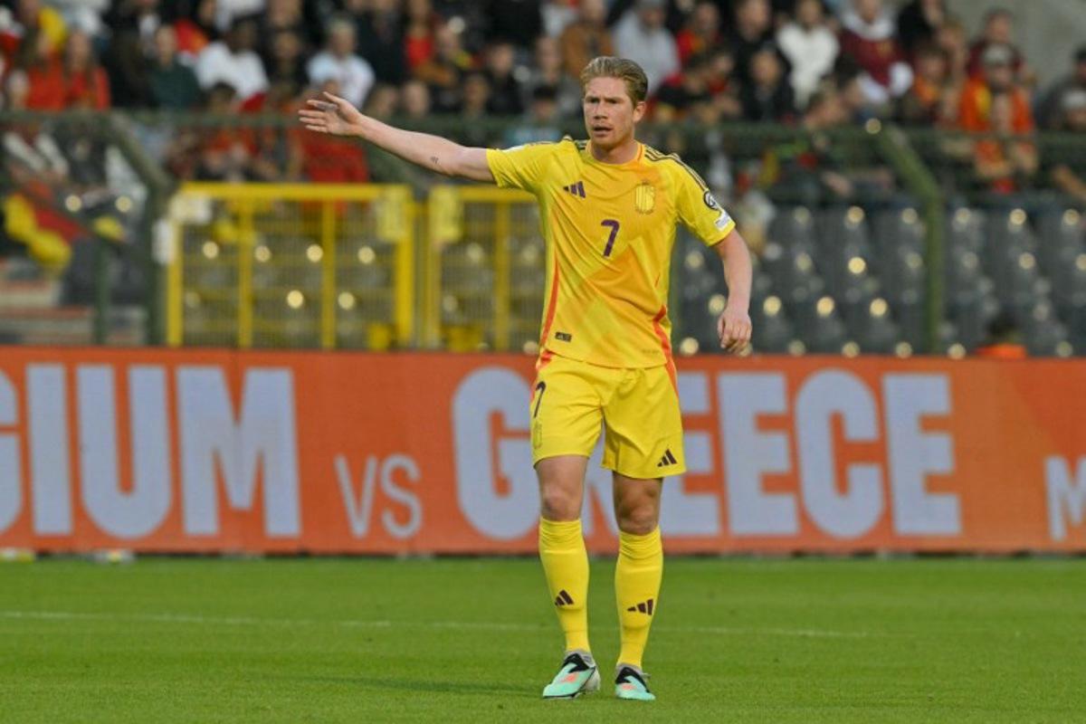 Belgium's midfielder #07 Kevin De Bruyne gestures during the FIFA World Cup 2026 Group J European qualification football match between Belgium and Wales at the King Baudouin Stadium in Brussels, on June 9, 2025.  NICOLAS TUCAT / AFP