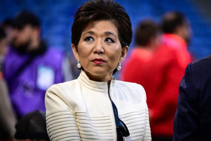 US businesswoman and new president of Olympique Lyonnais Michele Kang looks on during the final of French D1 women's football match between OL and PSG at the Groupama Stadium in Decines-Charpieu near Lyon,central-eastern France on May 16, 2025. US businesswoman Michele Kang has been appointed president of Olympique Lyonnais, replacing John Textor, who resigned from his duties at OL and its board of directors, the club announced on June 30, 2025. OLIVIER CHASSIGNOLE / AFP