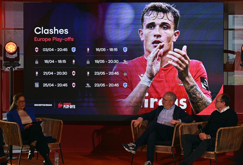 KV Mechelen Trainer Fred Vanderbiest and STVV's head coach Wouter Vrancken pictured during the presentation of the Pro League play-off calendar for the Jupiler Pro League and the Lotto Super League, Monday 23 March 2026, in Diegem. BELGA PHOTO ERIC LALMAND
