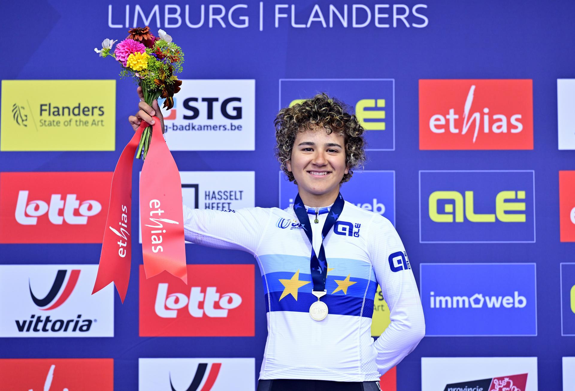Spanish Paula Ostiz Taco pictured on the podium with the gold medal of the time trial Elite Women at the European Championship 2024, in Hasselt, Wednesday 11 September 2024. The UEC Road European Championships 2024 will take place from 11 to 15 september in Limburg, Belgium. BELGA PHOTO DIRK WAEM